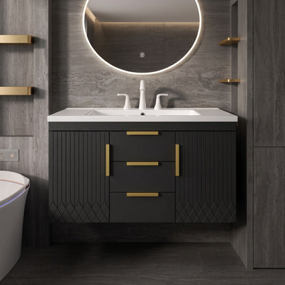 Floating Bathroom Vanity with Resin Sink Combo & Gold Hardware