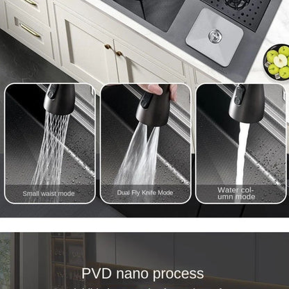 A kitchen sink faucet demonstration showing a black pull-down sprayer in three modes: small waist height, dual fly knife, and water column mode, with inset photos of water spraying into a dark sink. Text at the bottom mentions PVD nano process.