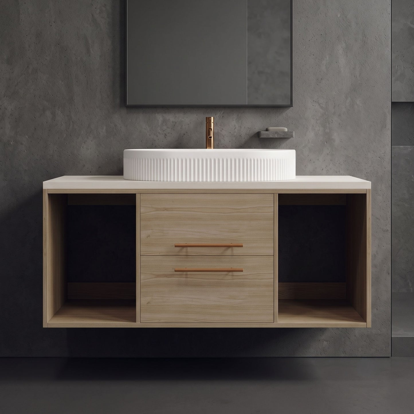 Modern Wall-Mounted Floating Bathroom Vanity with Fluted Oval Vessel Sink