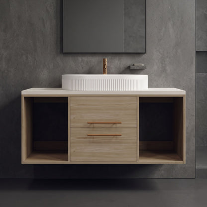 Modern Wall-Mounted Floating Bathroom Vanity with Fluted Oval Vessel Sink