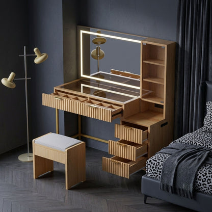 Modern Oak Makeup Vanity Desk with Lighted LED Mirror & Charging Station