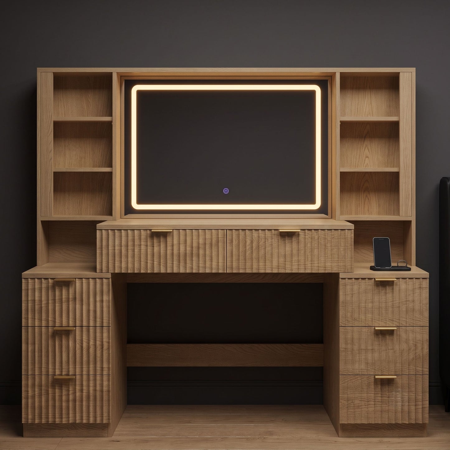Large Modern Fluted Oak Dressing Table