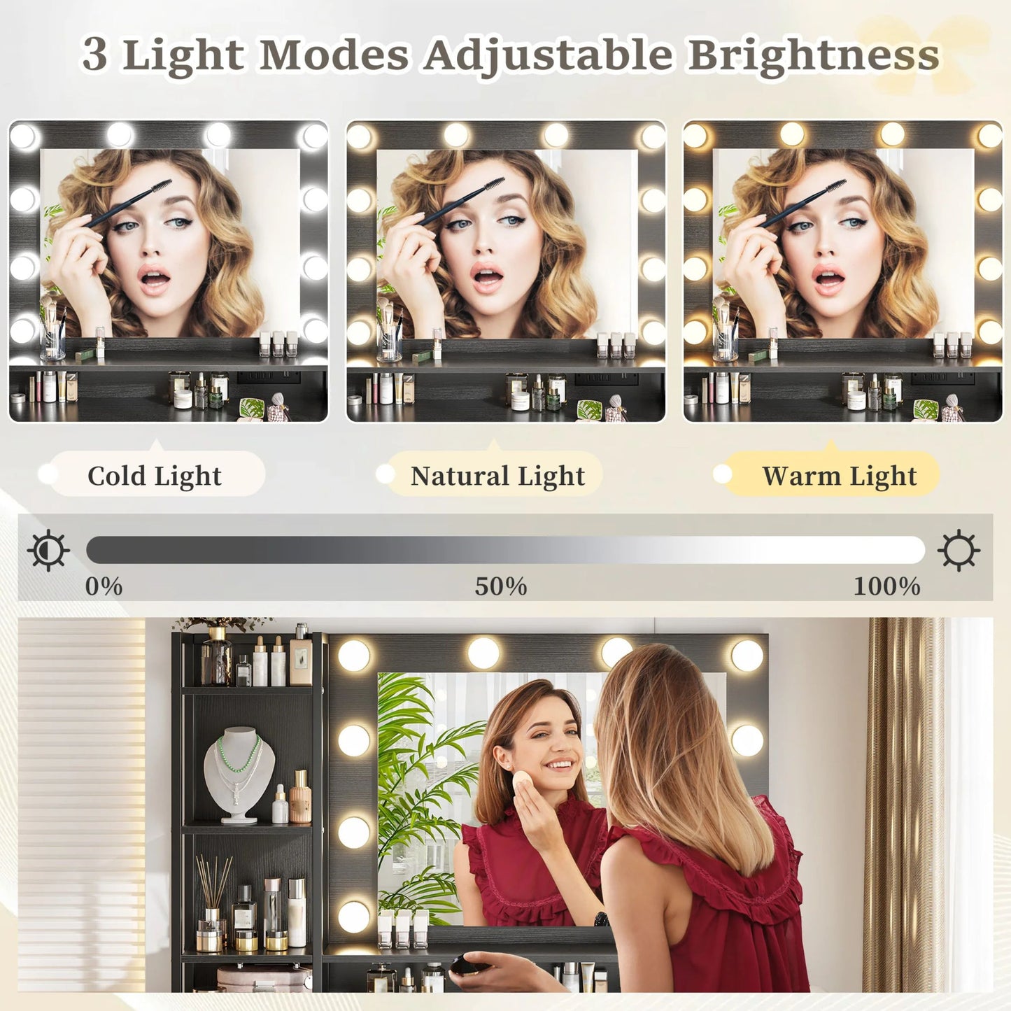 Vanity Dresser with 3-Color Dimming LED Mirror, 5 Storage Drawers & Hair Dryer Holder