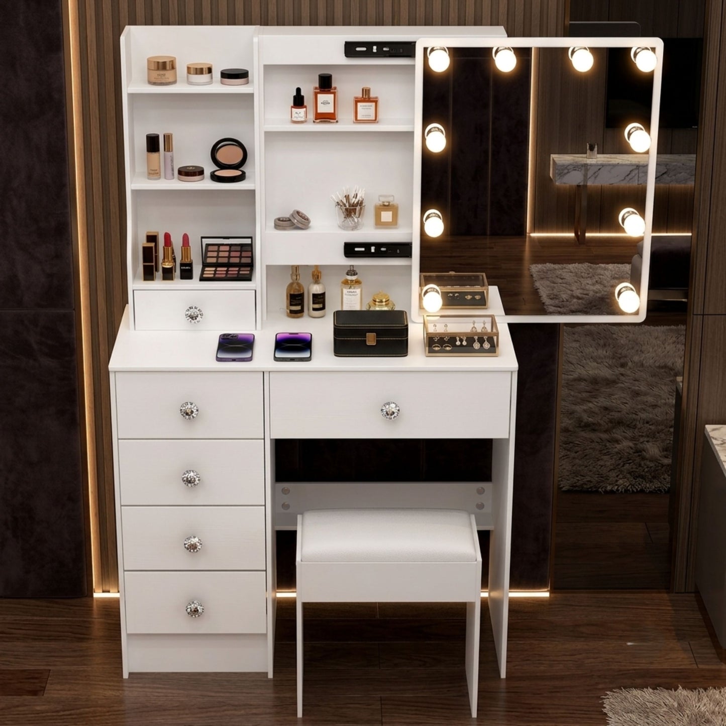 White LED Makeup Vanity Set With Sliding Mirror, 6 Drawers & Padded Stool
