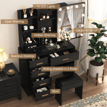 Black Makeup Vanity Dressing Table Set with Stool, Hidden Shelves, & Sliding Mirror