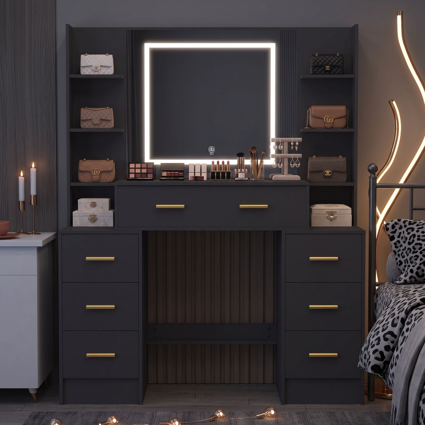 Modern Black Makeup Vanity Desk with 3-Color Dimmable LED Mirror & 7 Drawers