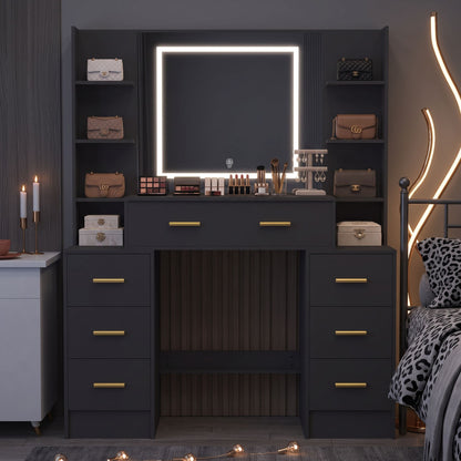 Modern Black Makeup Vanity Desk with 3-Color Dimmable LED Mirror & 7 Drawers
