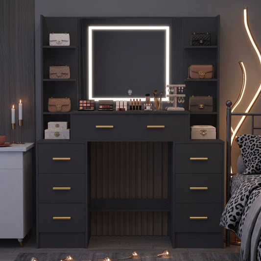 Modern Black Makeup Vanity Desk with 3-Color Dimmable LED Mirror & 7 Drawers