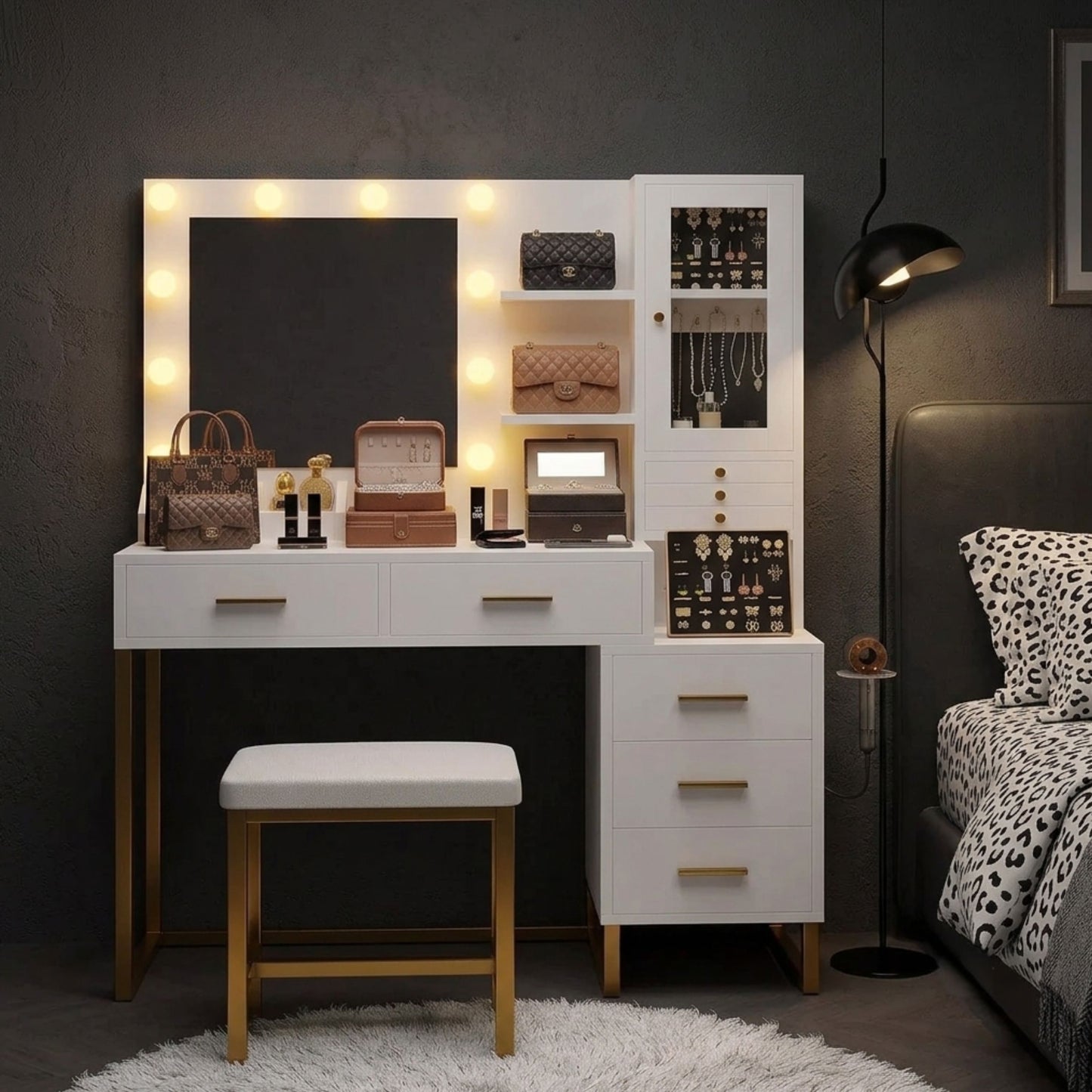 White & Gold Makeup Vanity Desk with Lighted Mirror, Jewelry Organizer & Stool