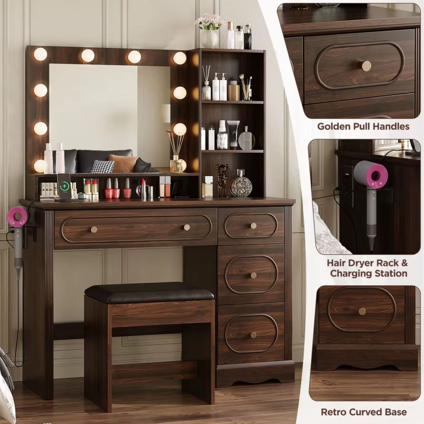 Brown Vanity Desk with Lighted Mirror, Charging Station & Stool