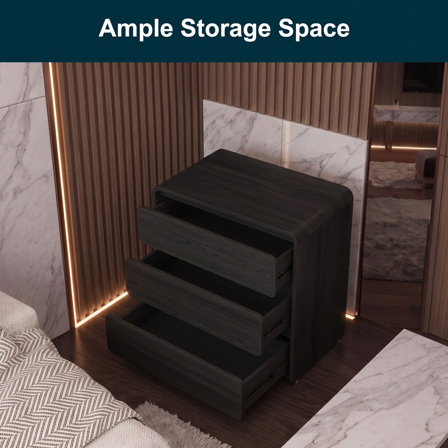 Modern 2-piece 3-Drawer Nightstand with Curved Engineered Wood Ends