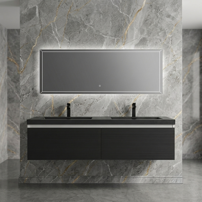 60" Black Floating Double Bathroom Vanity with Stone Sink Basin