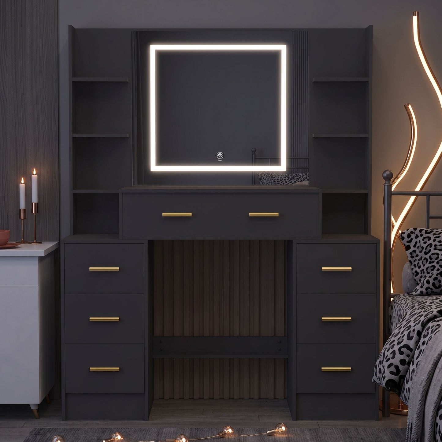 Modern Black Makeup Vanity Desk with 3-Color Dimmable LED Mirror & 7 Drawers