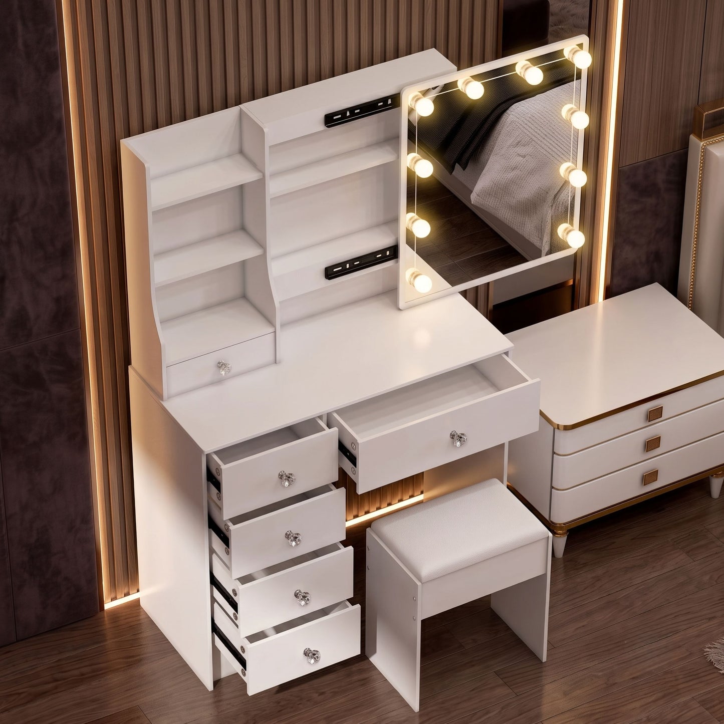 White LED Makeup Vanity Set With Sliding Mirror, 6 Drawers & Padded Stool