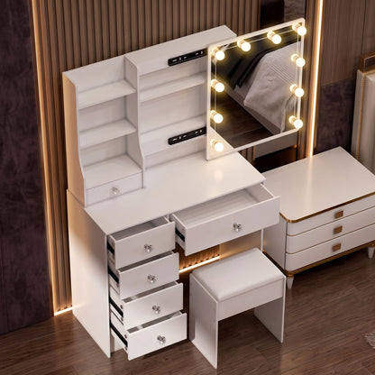 White LED Makeup Vanity Set With Sliding Mirror, 6 Drawers & Padded Stool