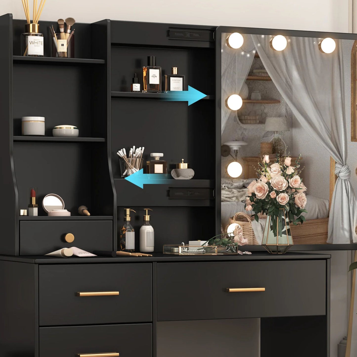 Black Makeup Vanity Dressing Table Set with Stool, Hidden Shelves, & Sliding Mirror