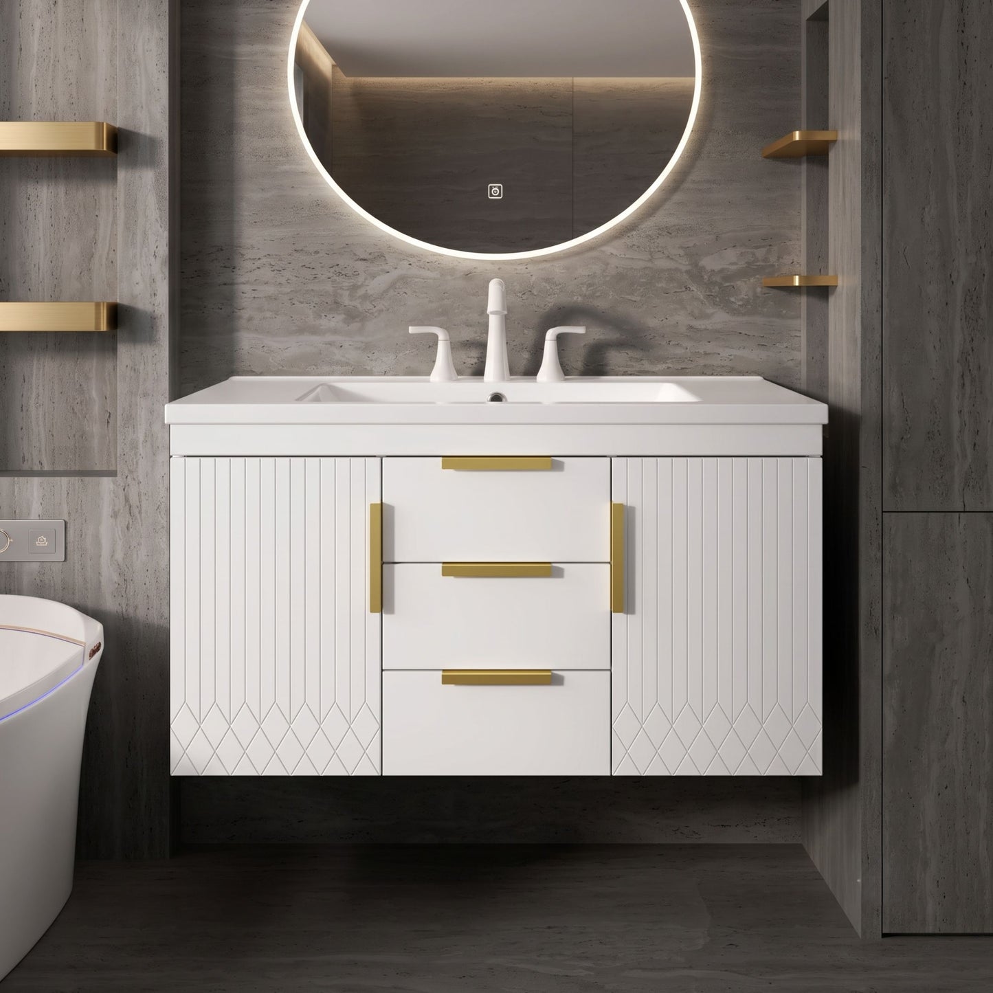Floating Bathroom Vanity with Resin Sink Combo & Gold Hardware
