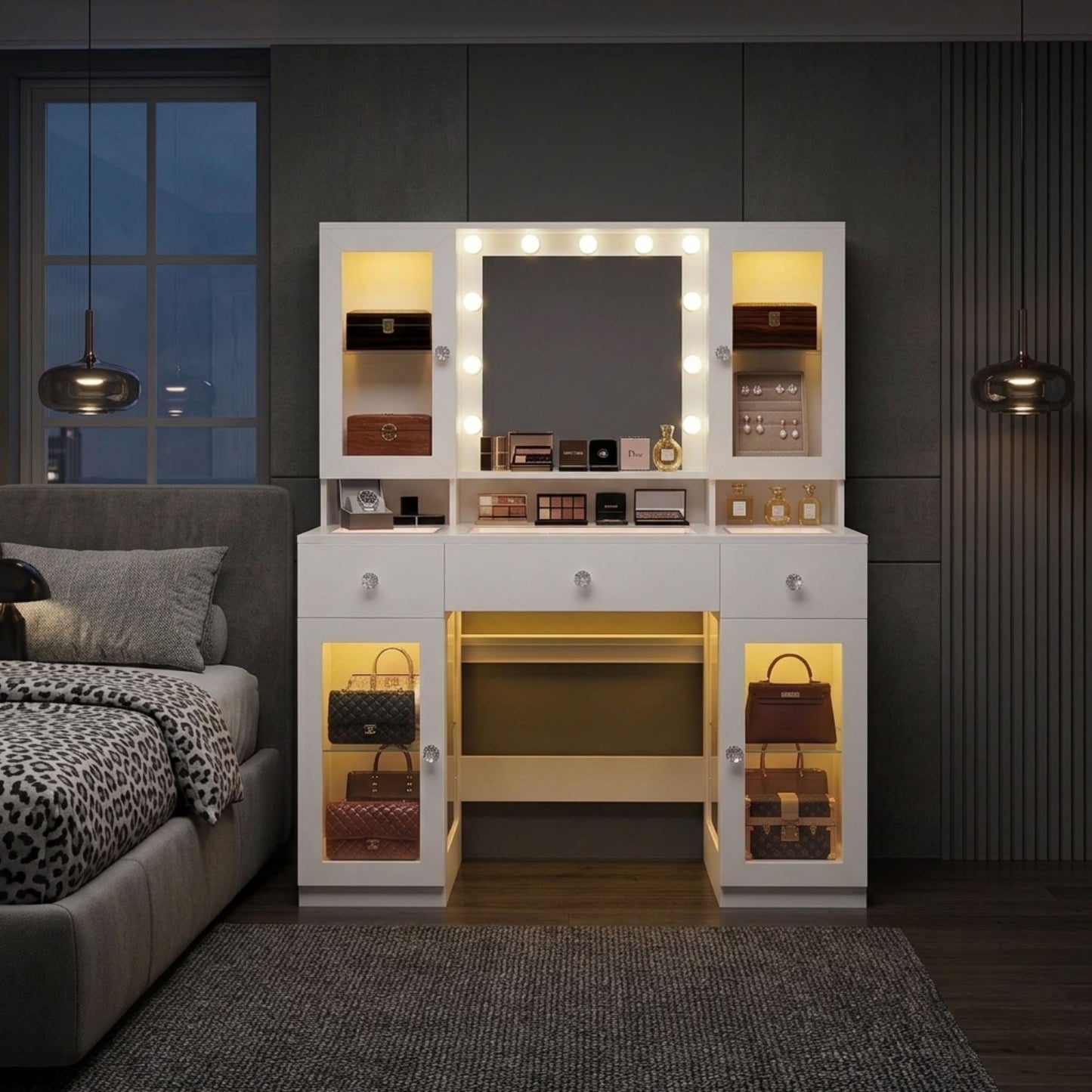 Makeup Vanity Desk with Mirror and RGB Lights, White Glass Top Vanity with Power Outlet & 4 Lighted Cabinets