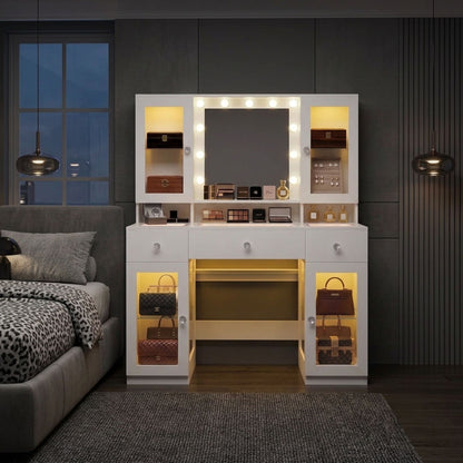 Makeup Vanity Desk with Mirror and RGB Lights, White Glass Top Vanity with Power Outlet & 4 Lighted Cabinets