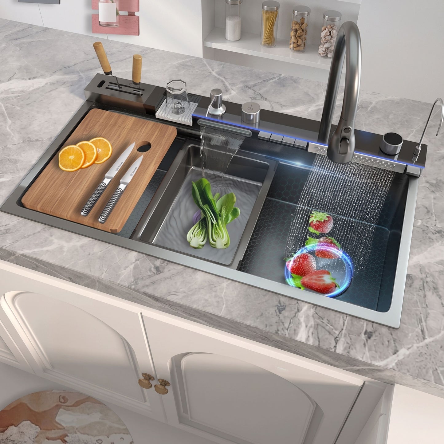 Multifunctional Stainless Steel Kitchen Sink with Waterfall Faucet & Digital Display