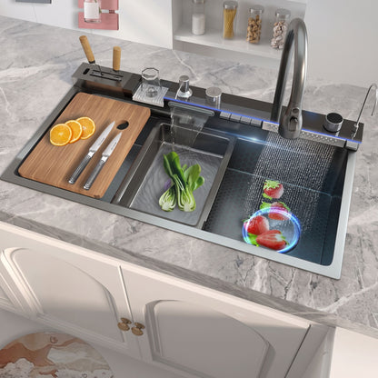 Multifunctional Stainless Steel Kitchen Sink with Waterfall Faucet & Digital Display