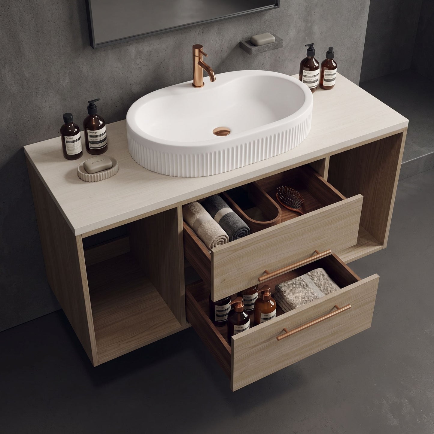 Modern Wall-Mounted Floating Bathroom Vanity with Fluted Oval Vessel Sink