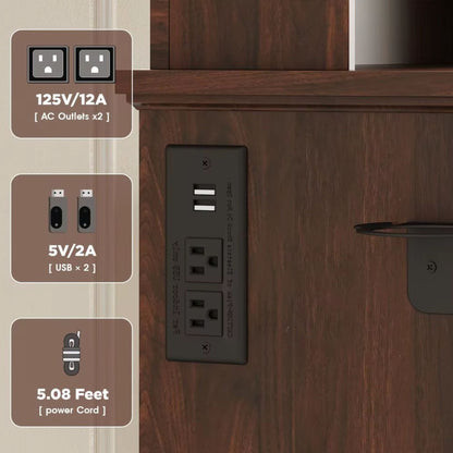 Brown Vanity Desk with Lighted Mirror, Charging Station & Stool