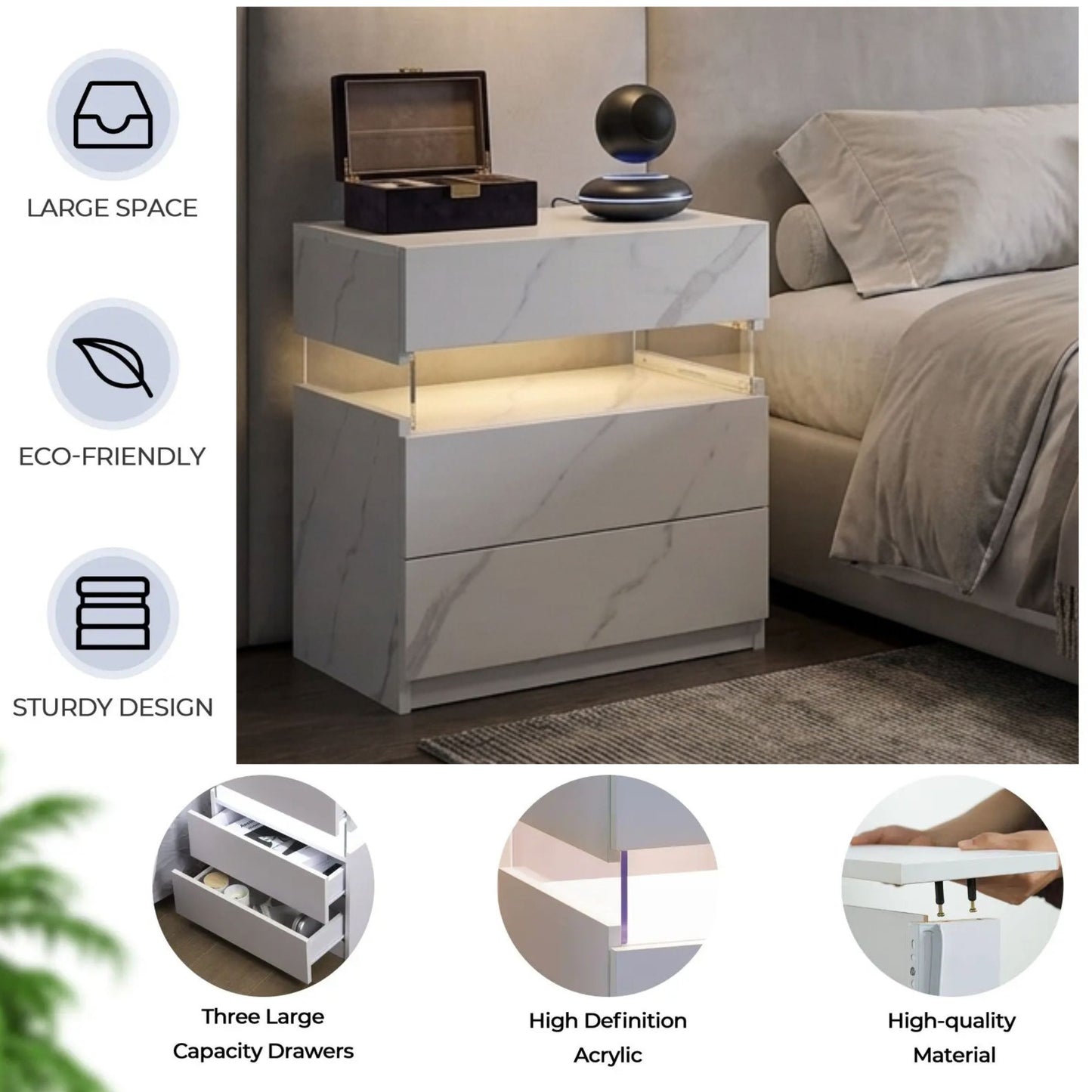 Modern 2-Set Nightstands with Integrated LED Lighting & Floating Shelf Design