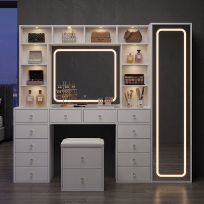 White LED Makeup Vanity Desk With 14 Drawers, Glass Top & Lighted Wardrobe