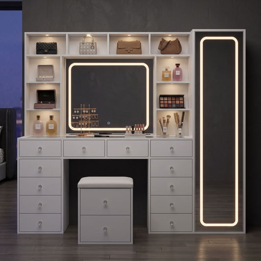 White LED Makeup Vanity Desk With 14 Drawers, Glass Top & Lighted Wardrobe