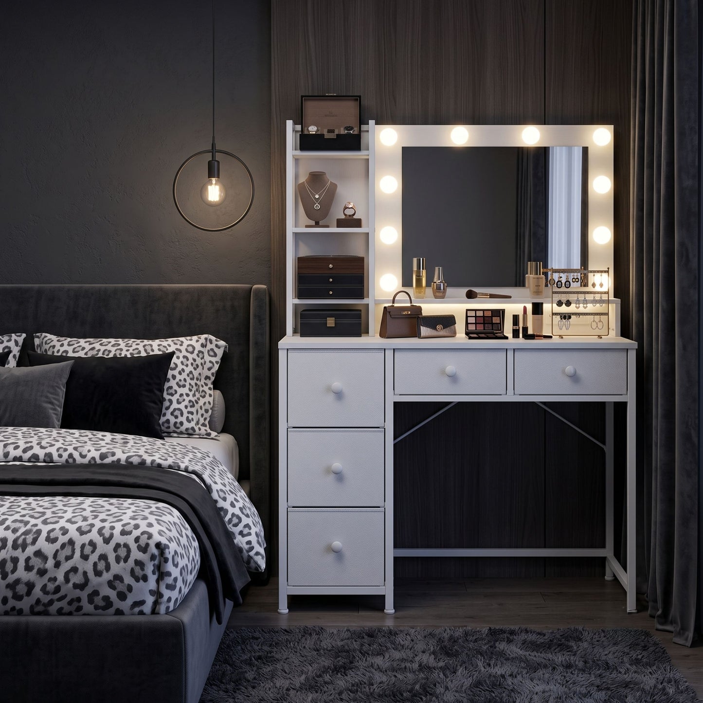 Vanity Dresser with 3-Color Dimming LED Mirror, 5 Storage Drawers & Hair Dryer Holder