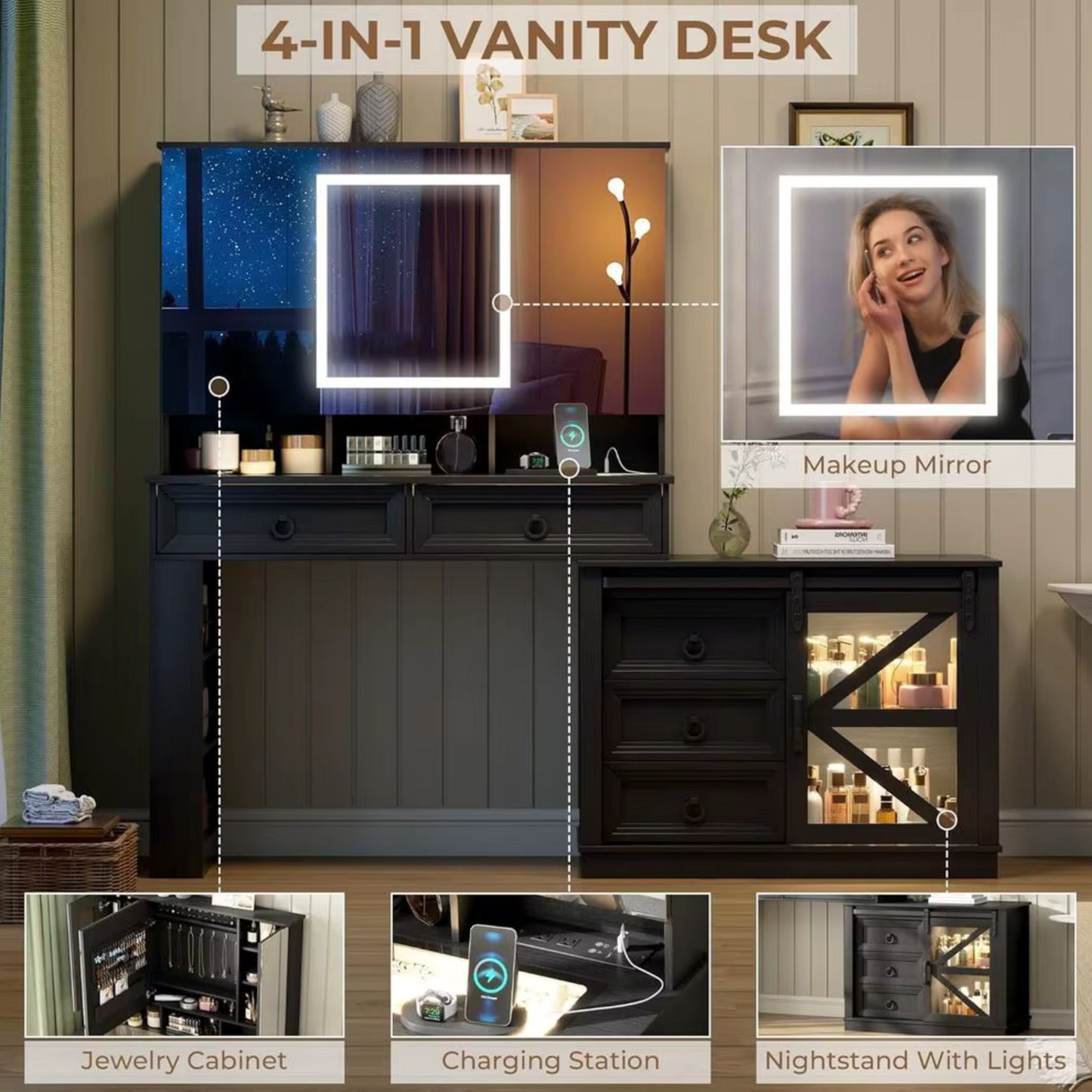 A 4-in-1 vanity desk set shown in a bedroom setting, featuring a black wooden desk with drawers, a mirror with built-in LED lighting, a jewelry cabinet, a charging station, and a nightstand with built-in lights. The image includes callout boxes and text labels explaining the features, with a small inset showing a woman using the makeup mirror.