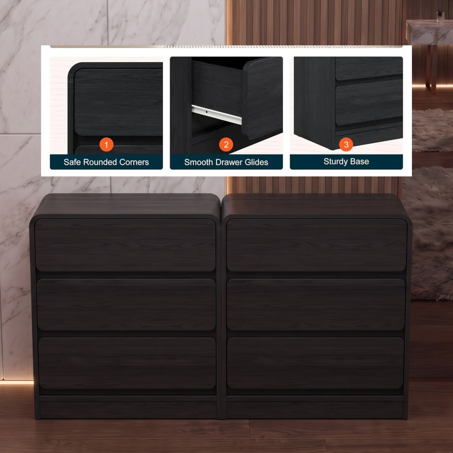 Modern 2-piece 3-Drawer Nightstand with Curved Engineered Wood Ends