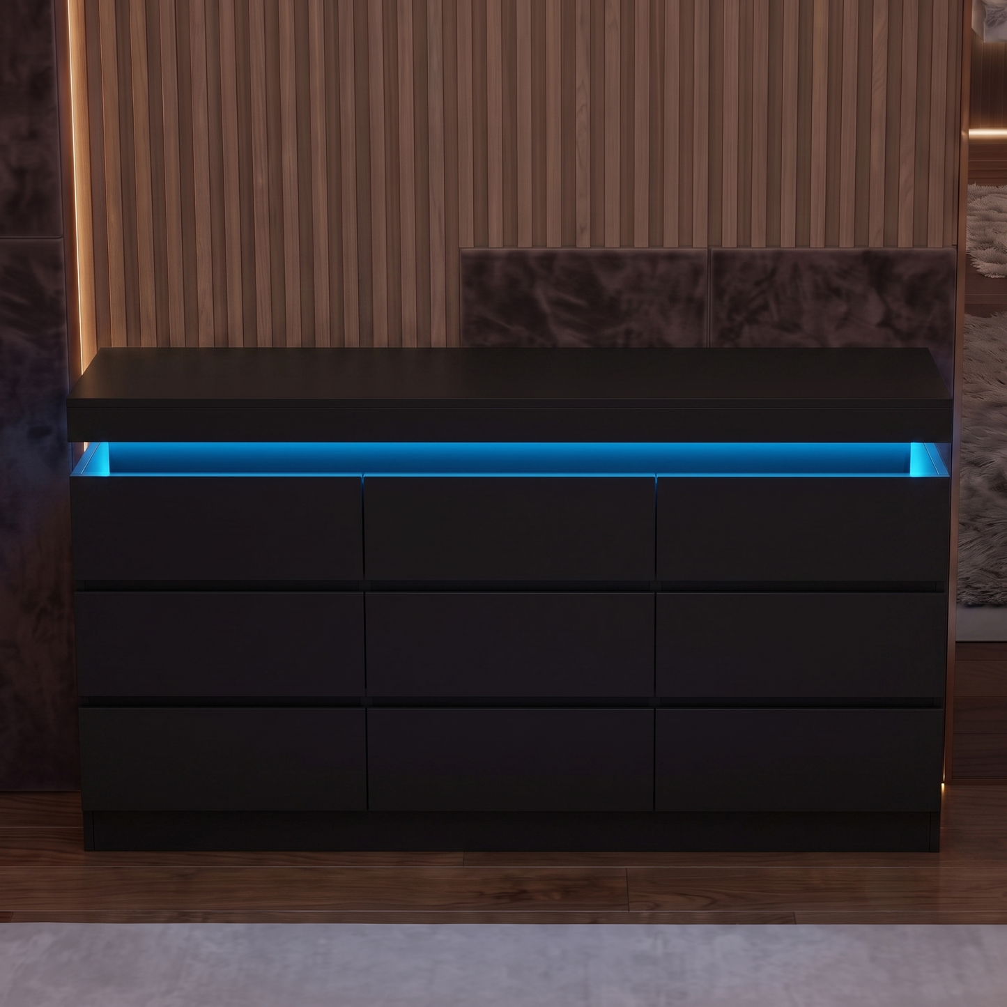 Minimalist 9 Drawer Dresser with LED Lights & Charging Station
