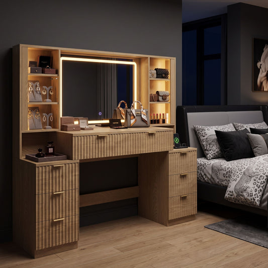 Large Modern Fluted Oak Dressing Table