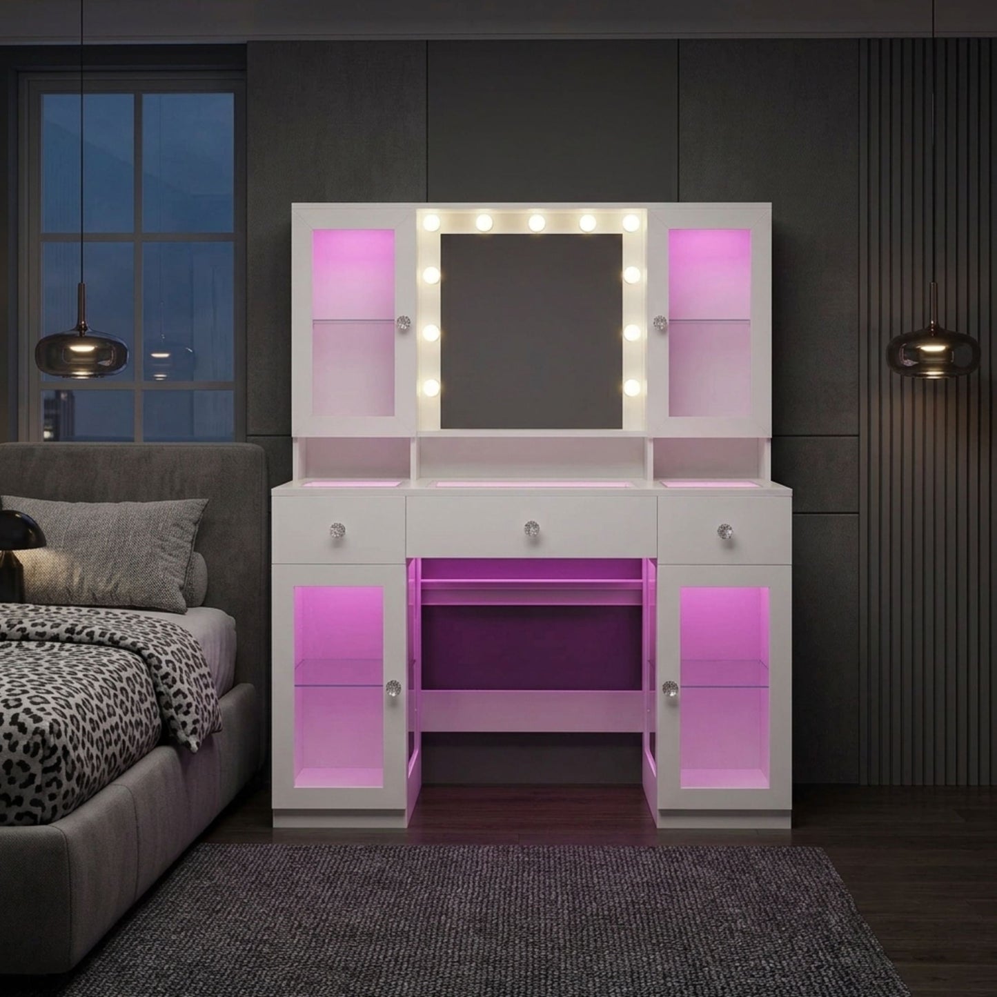Makeup Vanity Desk with Mirror and RGB Lights, White Glass Top Vanity with Power Outlet & 4 Lighted Cabinets