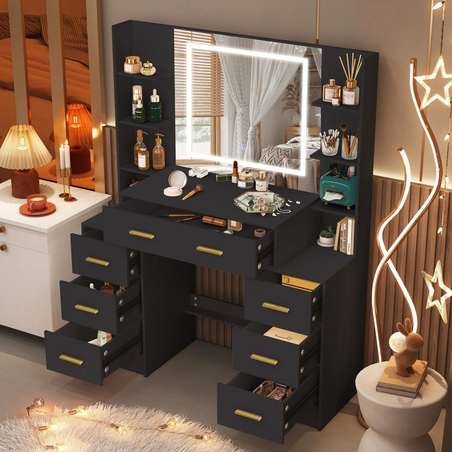 Modern Black Makeup Vanity Desk with 3-Color Dimmable LED Mirror & 7 Drawers
