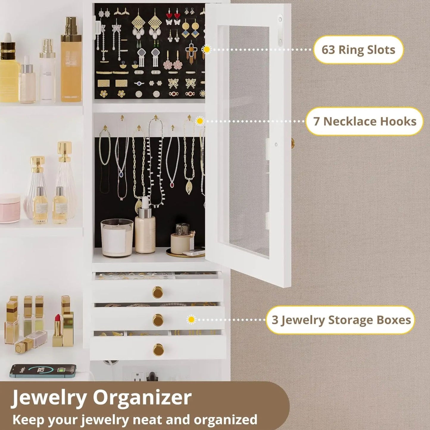 White & Gold Makeup Vanity Desk with Lighted Mirror, Jewelry Organizer & Stool