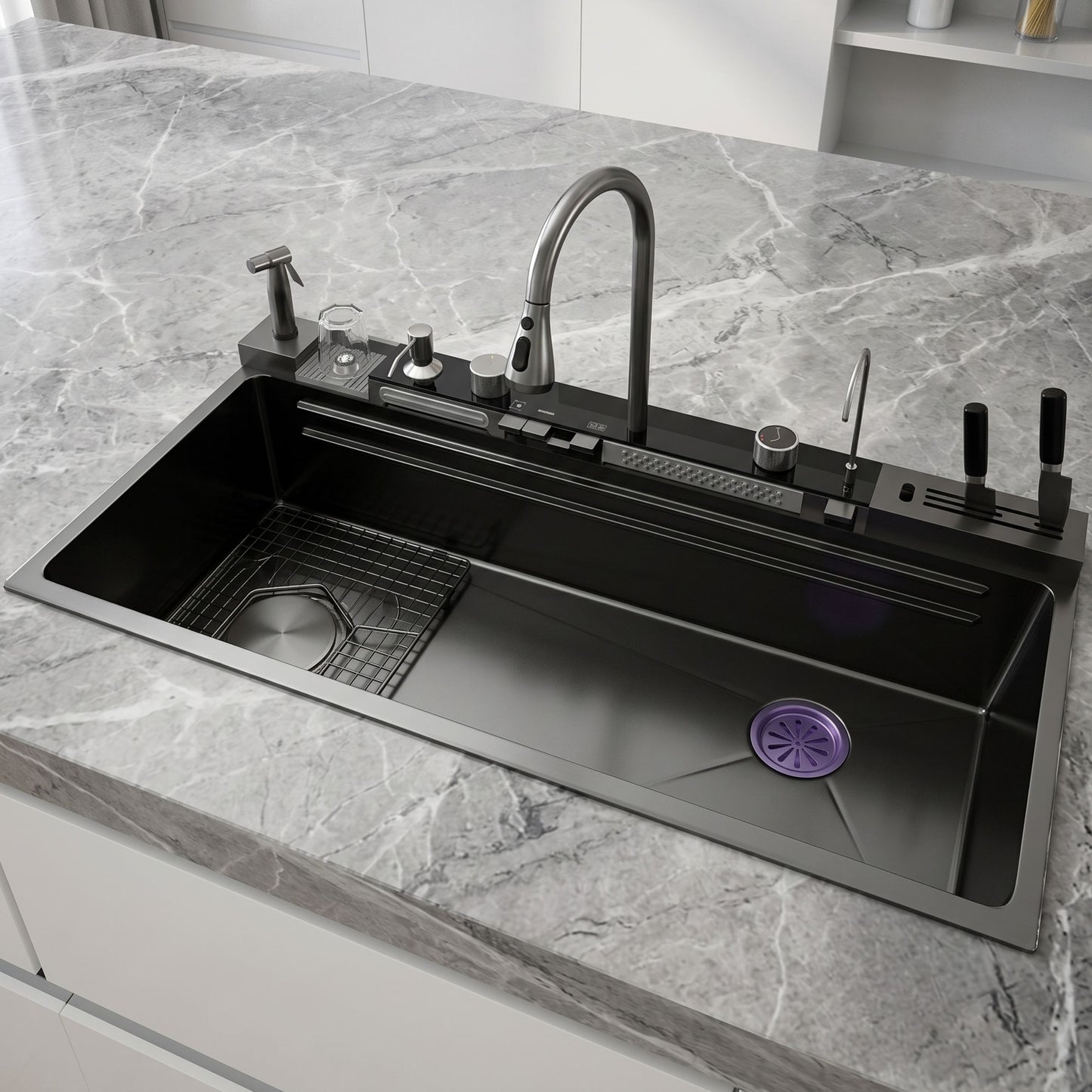 Multifunctional Stainless Steel Kitchen Sink with Waterfall Faucet & Digital Display