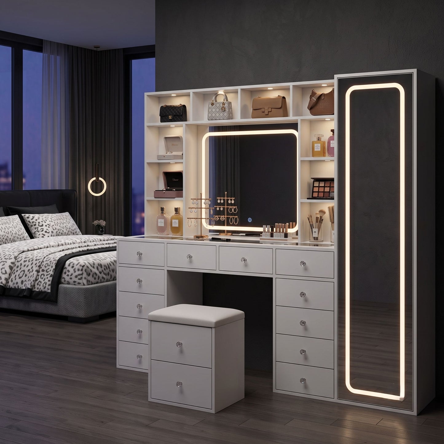 White LED Makeup Vanity Desk With 14 Drawers, Glass Top & Lighted Wardrobe