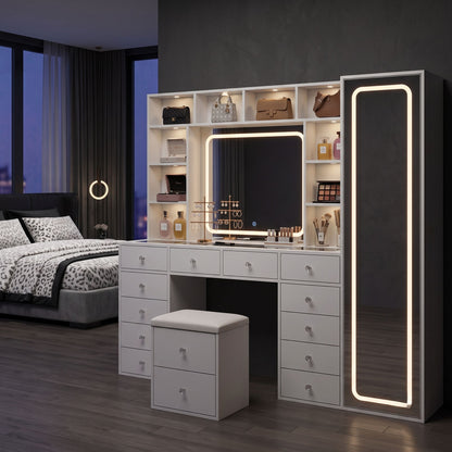 White LED Makeup Vanity Desk With 14 Drawers, Glass Top & Lighted Wardrobe