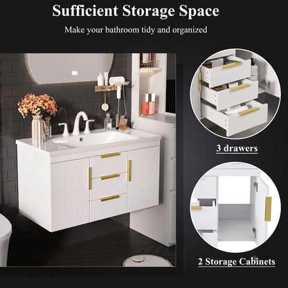 Floating Bathroom Vanity with Resin Sink Combo & Gold Hardware