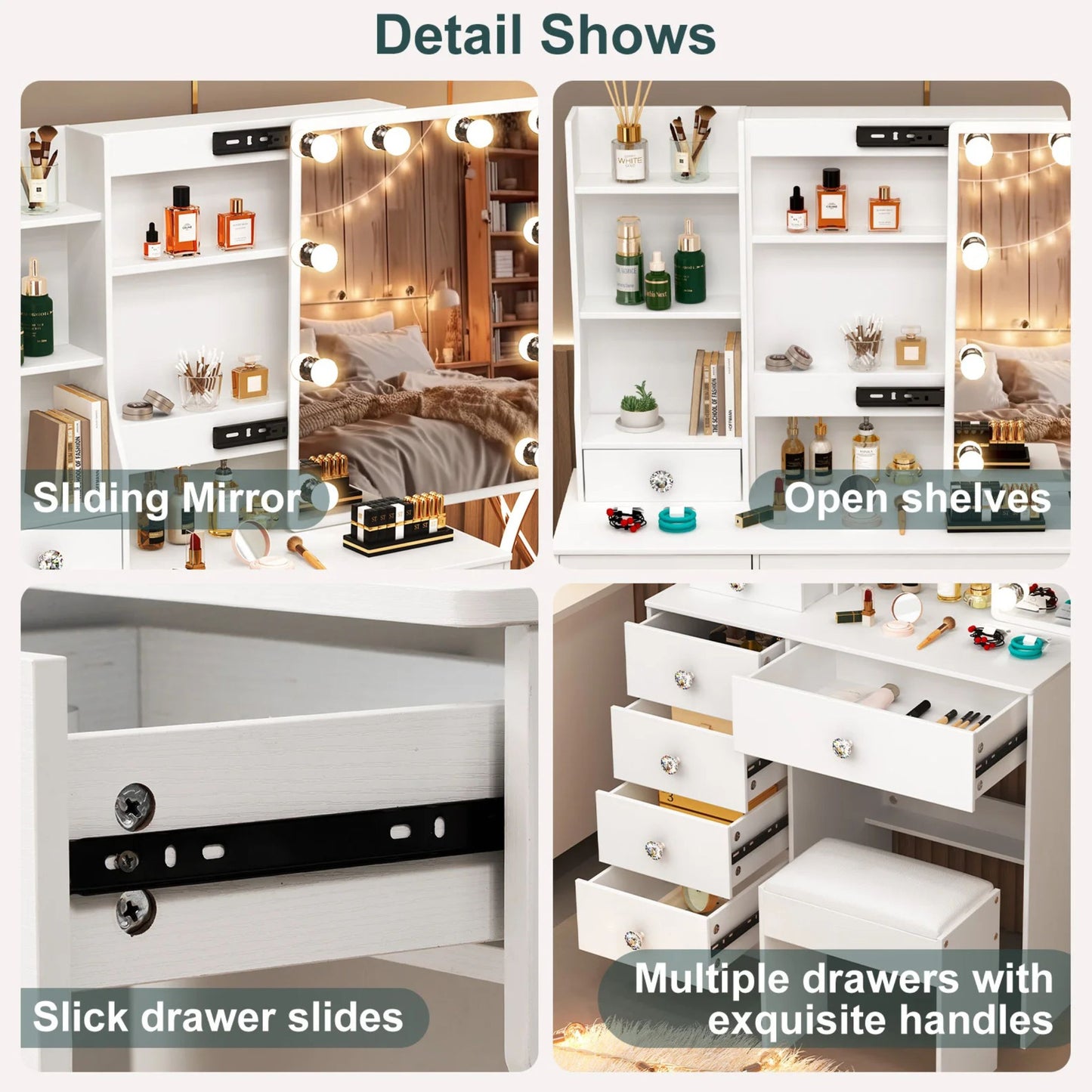White LED Makeup Vanity Set With Sliding Mirror, 6 Drawers & Padded Stool