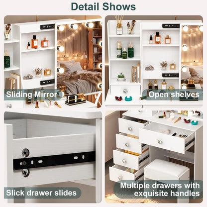 White LED Makeup Vanity Set With Sliding Mirror, 6 Drawers & Padded Stool