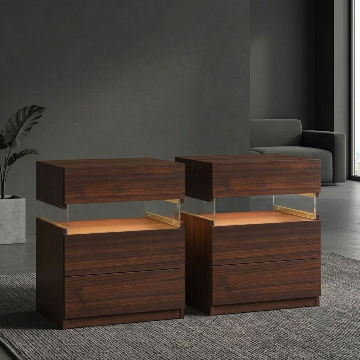 Modern 2-Set Nightstands with Integrated LED Lighting & Floating Shelf Design