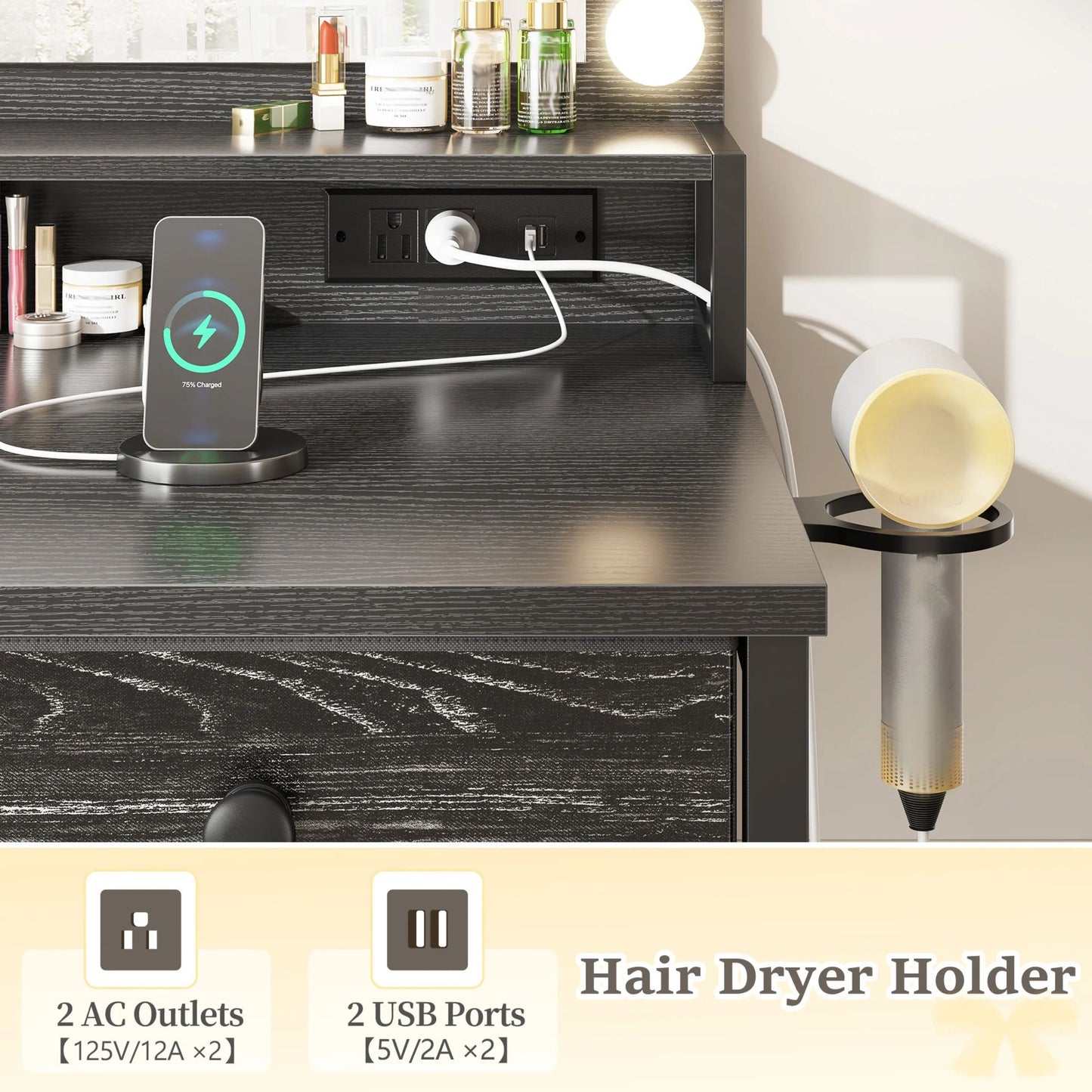 Vanity Dresser with 3-Color Dimming LED Mirror, 5 Storage Drawers & Hair Dryer Holder