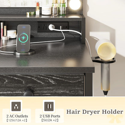 Vanity Dresser with 3-Color Dimming LED Mirror, 5 Storage Drawers & Hair Dryer Holder