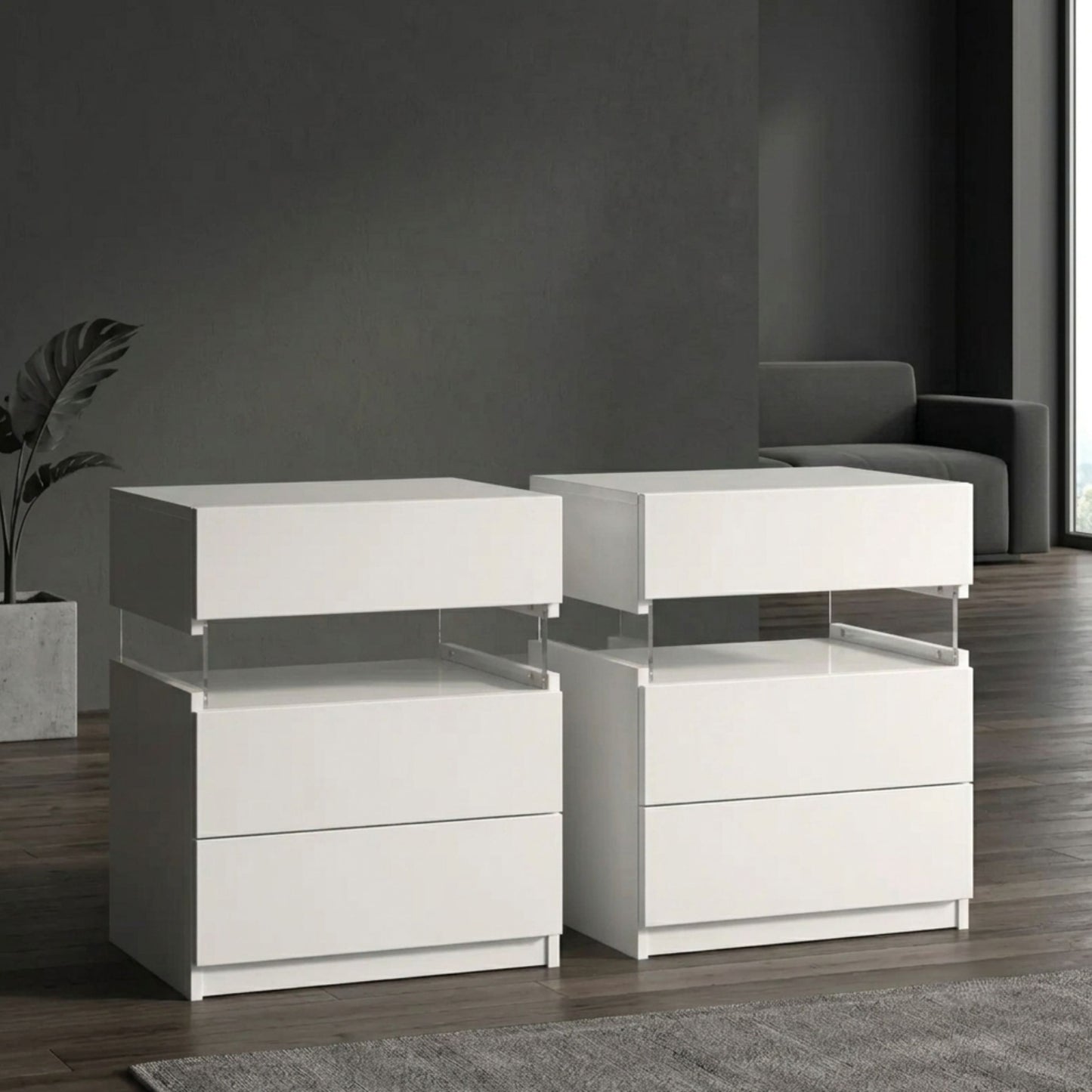Modern 2-Set Nightstands with Integrated LED Lighting & Floating Shelf Design