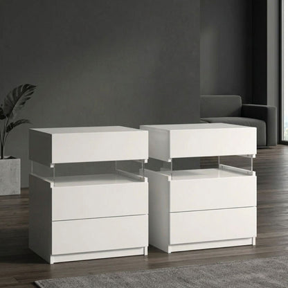 Modern 2-Set Nightstands with Integrated LED Lighting & Floating Shelf Design