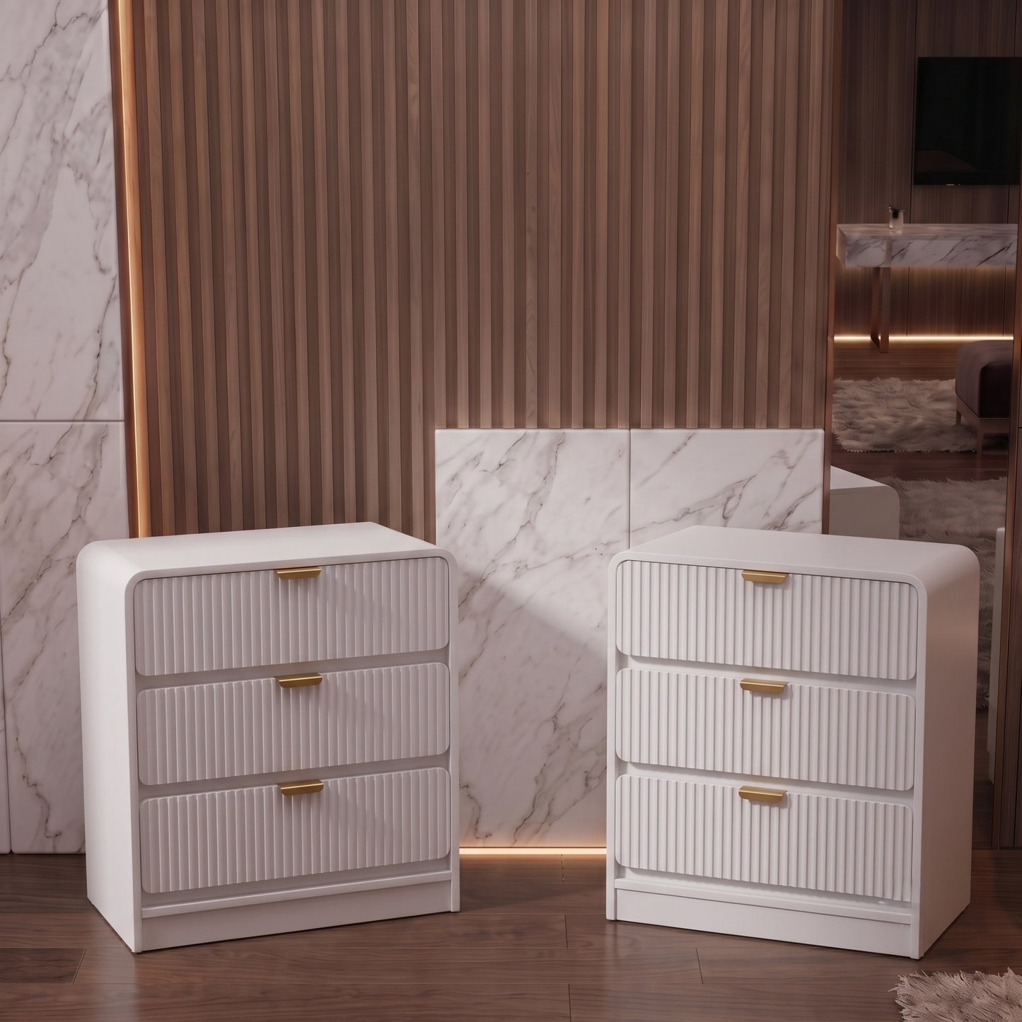 Modern 2-piece 3-Drawer Nightstand with Curved Engineered Wood Ends